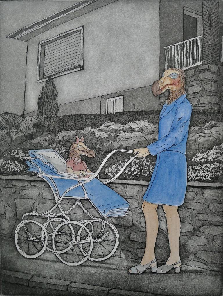 Diane Jodes, Taking out Baby, eau forte, aquatinte, rehaussé aquarelle